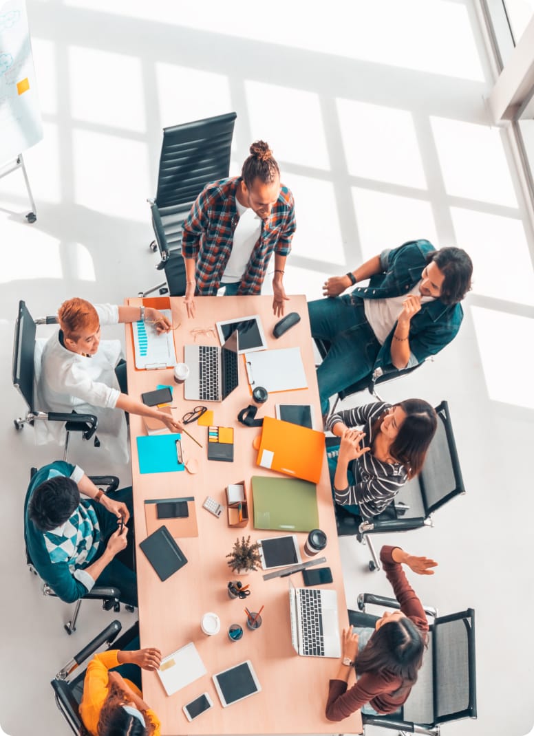 aerial view of coworkers having a meeting