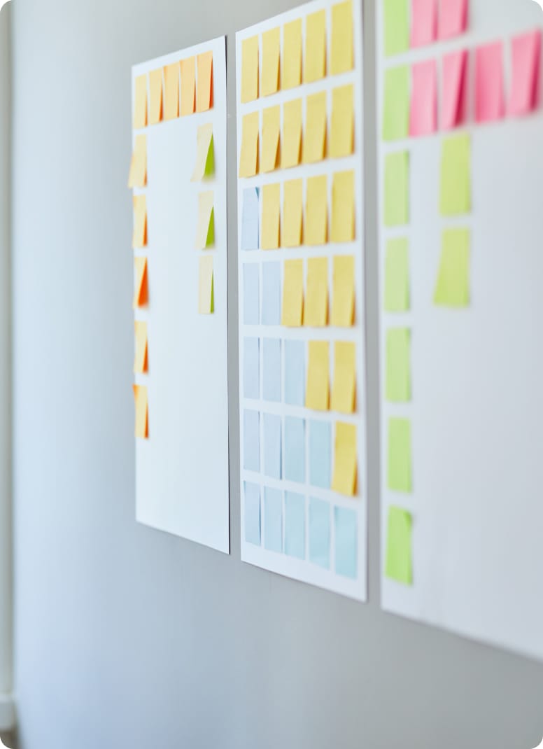 close-up of sticky notes on whiteboard