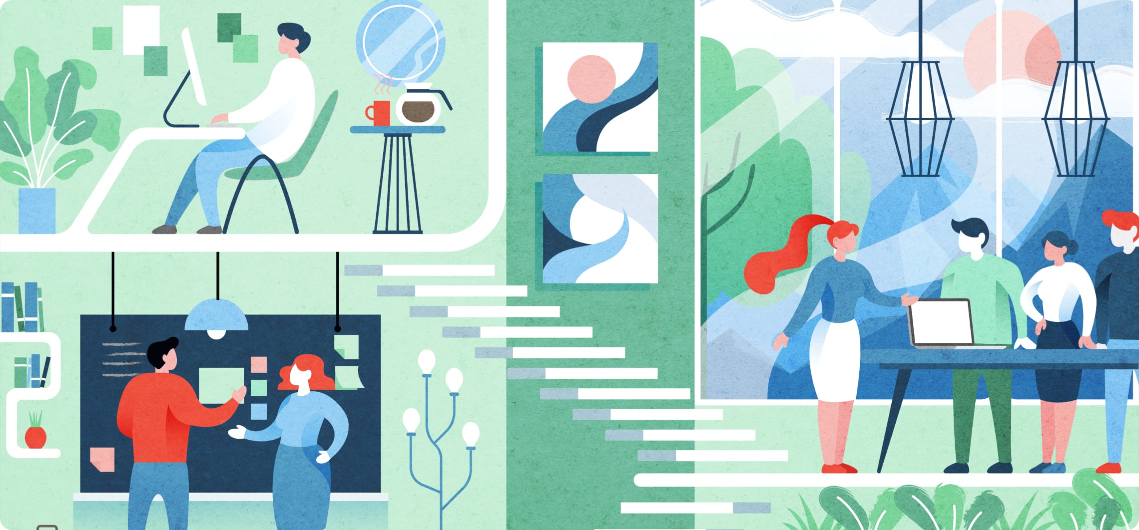 multiple illustrations of coworkers working together