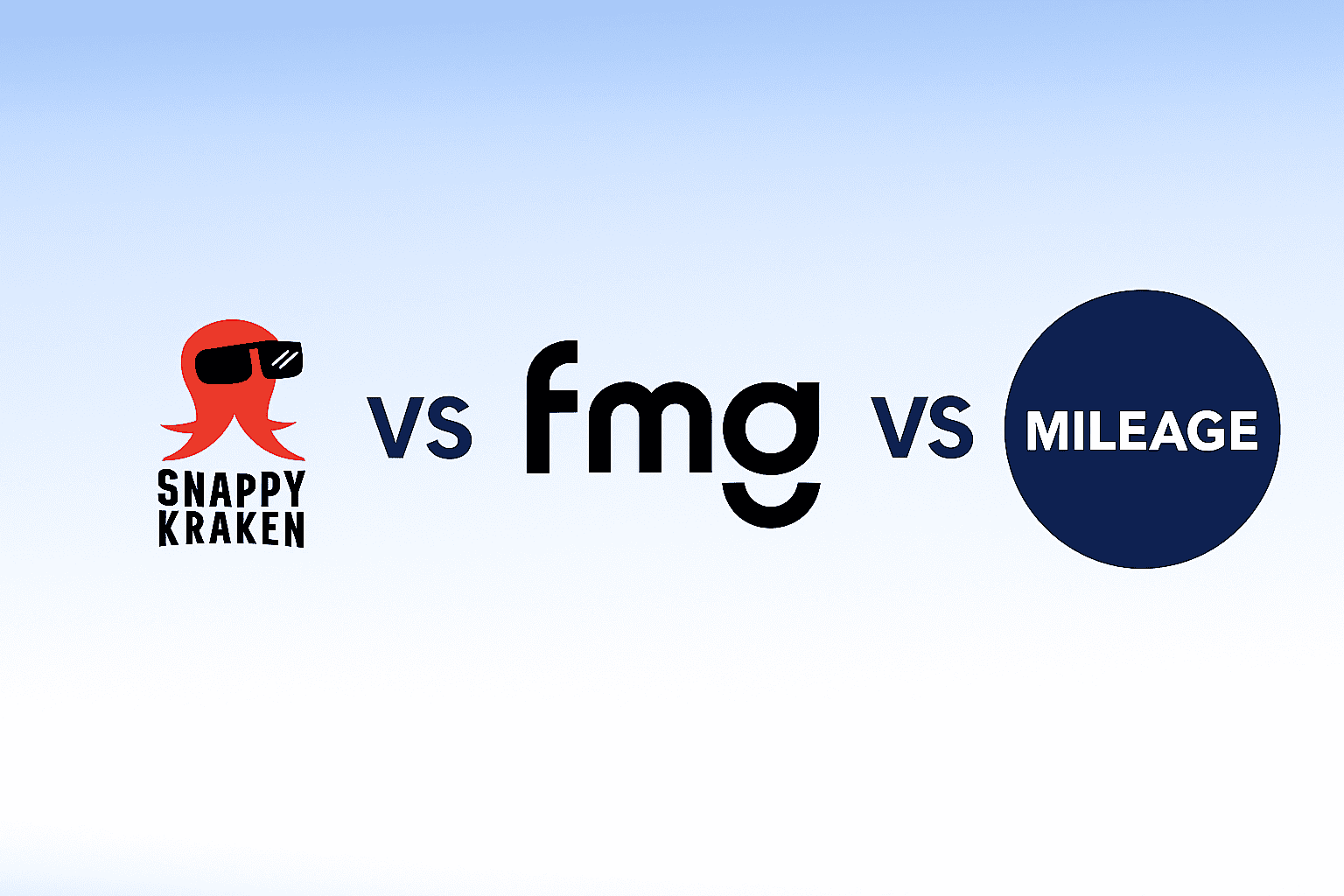 A visual comparison featuring three marketing platforms for financial advisors: Snappy Kraken (with a red octopus wearing sunglasses logo), FMG (black minimalist text logo), and Mileage (white text in a dark blue circle). The image shows “vs” between each brand, indicating a head-to-head comparison. Background is a light blue gradient.