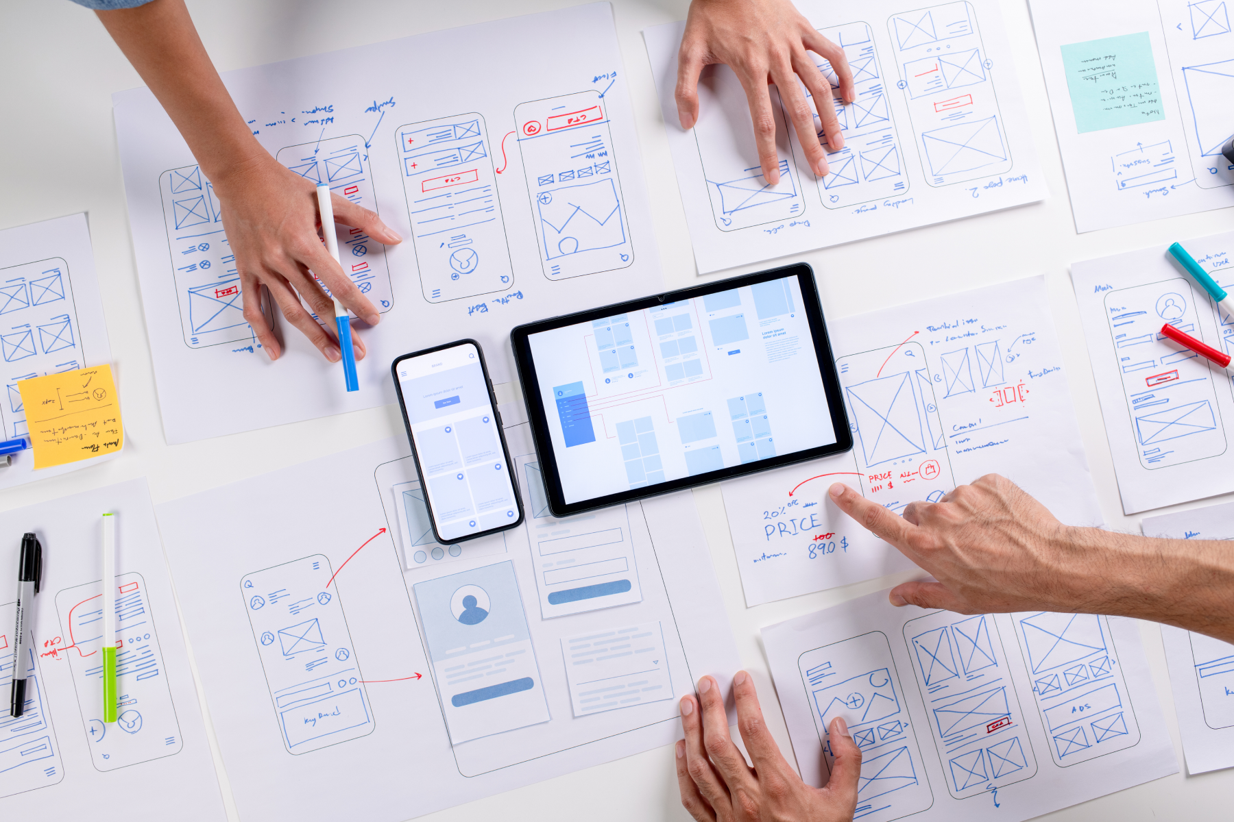 team collaborating on custom website design with wireframes, tablets, and notes spread on table